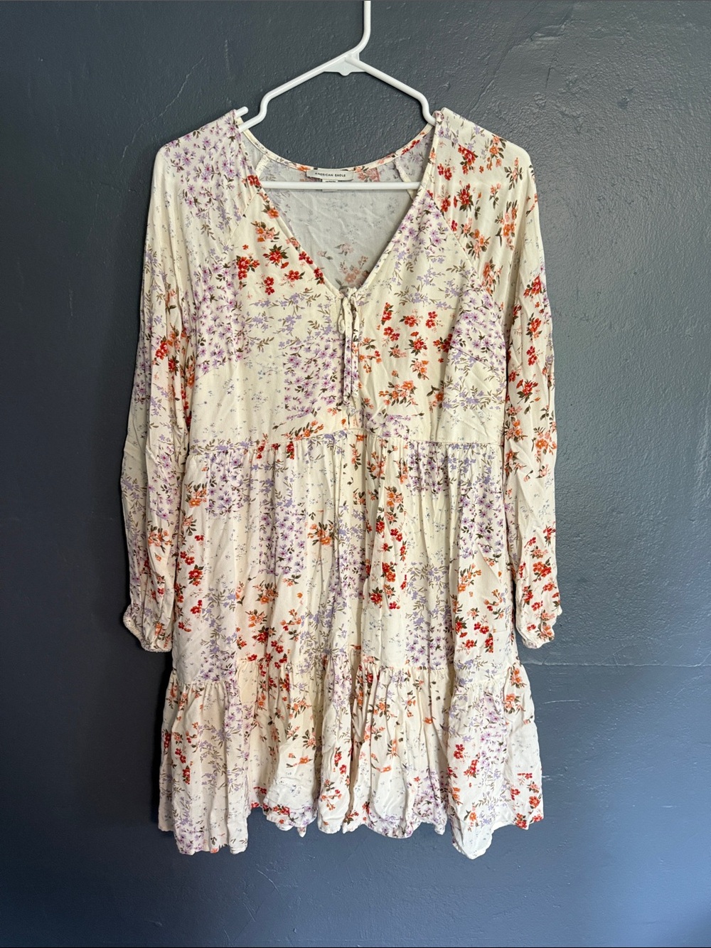 American Eagle Outfitters Cream Floral Mini Dress with Red & Lavender Prints